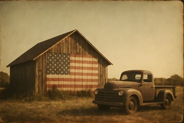 Rustic barn adorned with American flag and vintage pickup truck, perfect nostalgic Americana imagery for patriotic events, rural heritage celebrations, and Memorial Day.