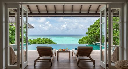 Fototapeta premium Luxurious Beachfront Villa Retreat: Infinity Pool Views, Tropical Paradise, Relaxing Getaway