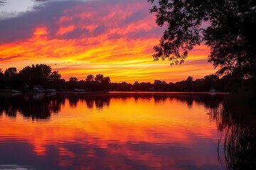Fiery sunset paints the lake with vibrant orange and red hues reflecting on calm waters silhouetted trees frame the