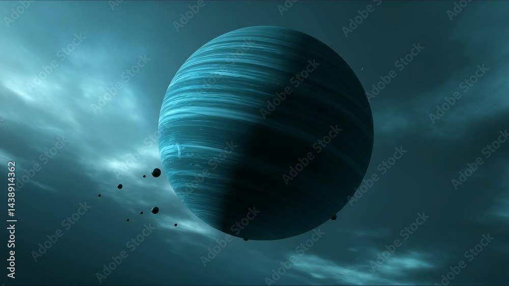 Wall mural striking view of a large, ringed planet with several moons in a blue, atmospheric space background w
