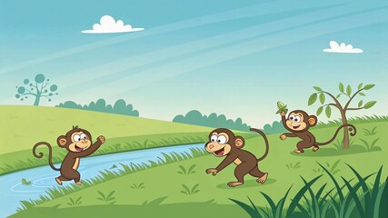 Fototapeta premium Cartoon vector illustration of a peaceful green field with playful monkeys and a running water stream under a bright blue sky.