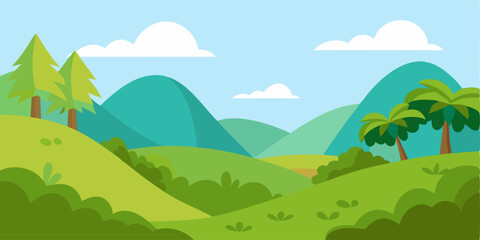 Vibrant Cartoon Jungle Hills Landscape Design Vector Illustration for jungle-hills-cartoon-wide-view--
