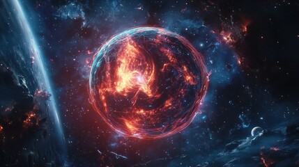 Obraz premium Fiery Planet Exploding in Space Nebula