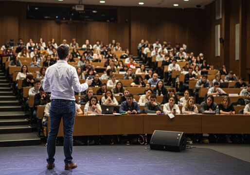 Business expert delivering a keynote speech at a university seminar