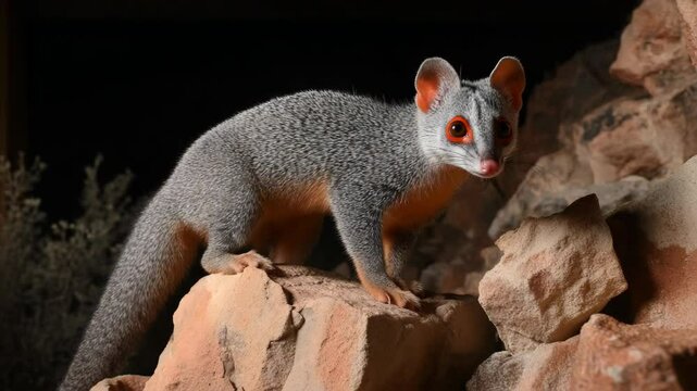 Elegant Grey Mouse Opossum perched attentively on rustic rocks, its distinctive red eyes shining bright, amidst the dark, shadowed background