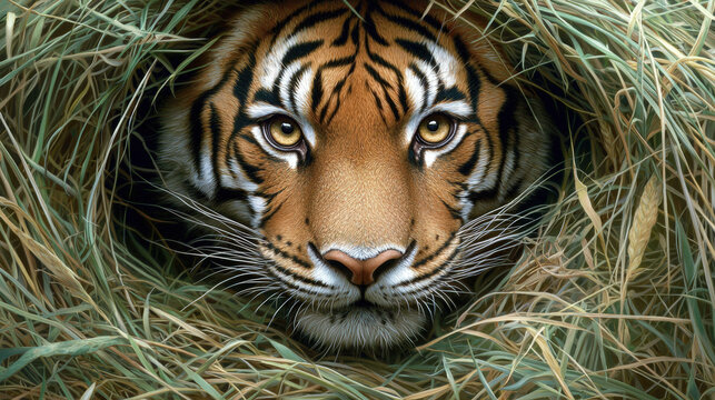 Bengal tiger emerges from tall grass, showcasing its intense gaze and striking features. image captures essence of this majestic creature its natural habitat, evoking sense of awe and admiration