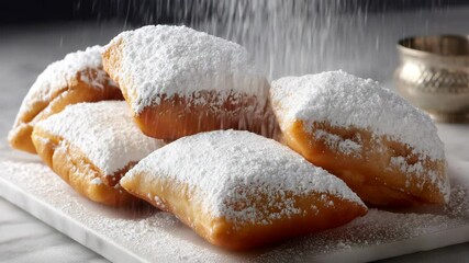 Delicious beignets, deep-fried fritters topped with a dusting of powdered sugar, a sweet treat pastry food on a white marble surface