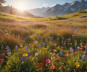 Obraz premium Vibrant wildflowers carpet sun-drenched meadow , idyllic, growth, beauty