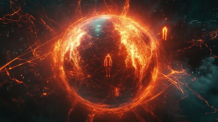 Obraz premium Fiery global network, figures, digital, space, energy, concept art, future, background