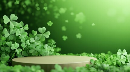 St Patricks Day Green Clover Leaves Background with Product Display Platform