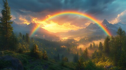 Breathtaking Mountain Landscape With Rainbow During Golden Sunset High Resolution Image