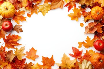 Autumnal border with colorful leaves, pumpkins, and apples.  A vibrant display of fall foliage arranged in a circular frame against a white background, showcasing the rich hues of autumn