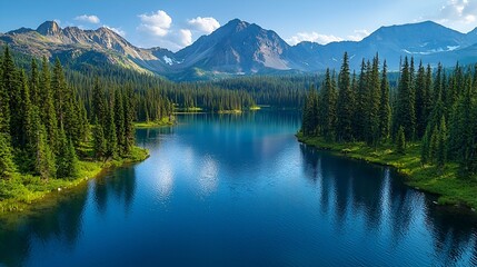 Serene mountain lake reflecting sky, surrounded by lush evergreen forest.