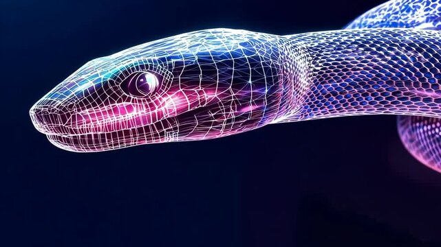 Neon glowing wireframe snake animates in futuristic digital space
