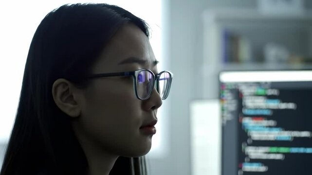 Focused Asian Male Programmer in Glasses Working on Code in Modern Office Environment, Showcasing Technology and Coding Skills with Monochromatic Design