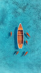 Wooden boat surrounded by orange fish in crystal turquoise water. Aerial view