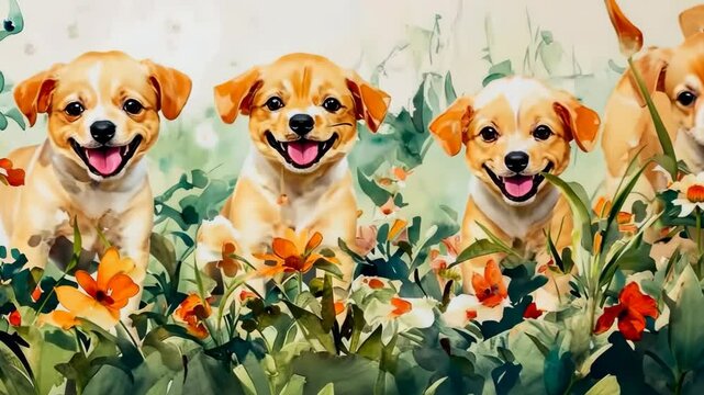 Playful puppies frolic in a lush garden, embracing joy and nature's beauty