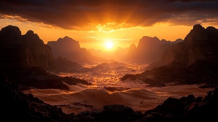 Fototapeta premium Dramatic sunset over desert landscape with mountains and dunes.