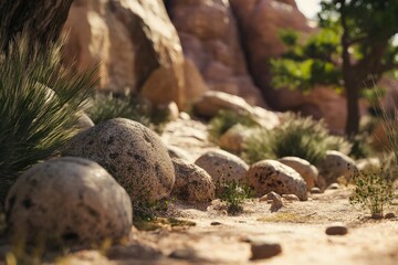 Desert path with rounded stones and desert plants