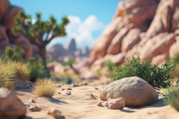 Sunny desert landscape with rocks and plants