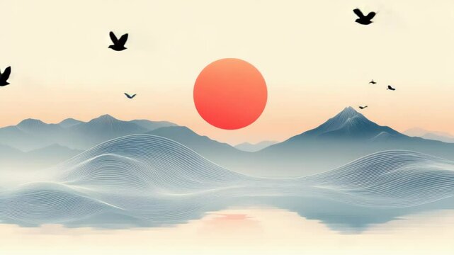 Peaceful sunrise over misty mountains artwork digital illustration natural serene landscape image