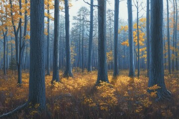 Obraz premium Misty autumn forest scene. Sunlight filters through tall trees. Golden undergrowth