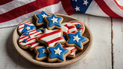 Patriotic cookies in wooden bowl