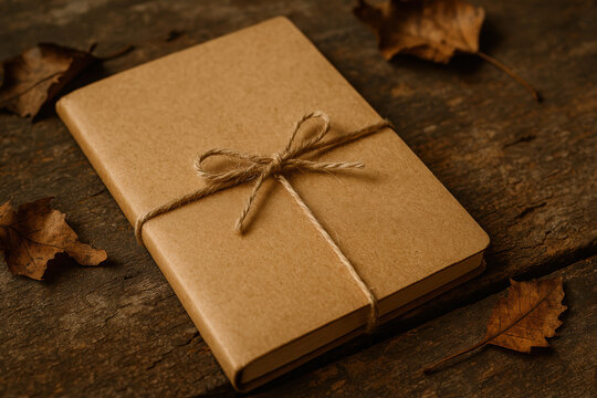 Rustic autumn notebook tied with twine on wooden surface with fallen leaves