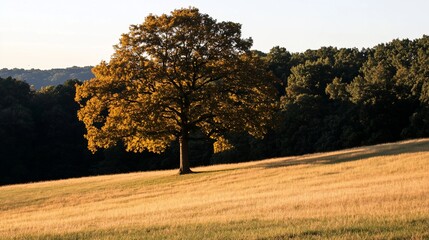 Fototapeta premium Solitary golden autumn tree on a grassy hillside at sunset