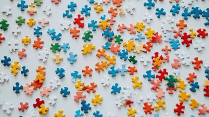 Colorful puzzle pieces scattered on white background, teamwork concept (1)