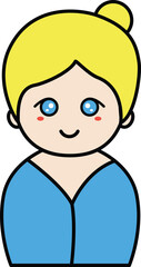Cartoon illustration of a smiling blonde girl wearing a blue dress
