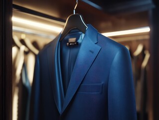 Dark blue mens suit hanging in closet