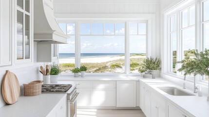 Fototapeta premium Coastal kitchen, ocean view, sunny day, white cabinets, beach background; home decor