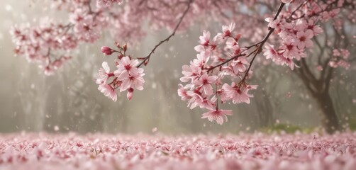 Naklejka premium Delicate pink sakura petals drift against a soft-focus spring background , pastel, nature, romantic