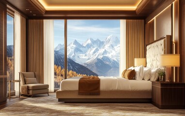 A modern luxury living room interior with a sofa, bed, and stylish furniture, featuring a large window with curtains offering a bright view