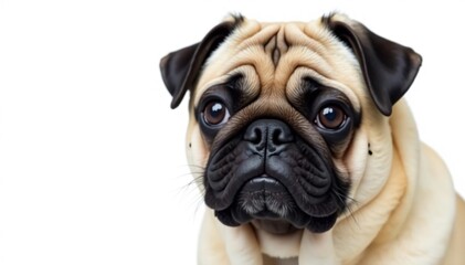 Obraz premium Close-up of a pug's face, isolated on pure white, puppy, happy, breed