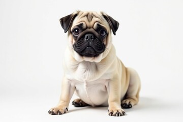 Obraz premium Adorable pug dog sits alone on white background, looking directly at camera, pet photography, companion, funny