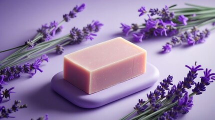 Elegant handmade lavender soap bar surrounded by fresh lavender flowers on a soft purple background, perfect for wellness, skincare, and aromatherapy product promotion
