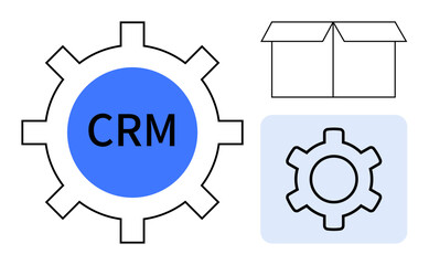 Gear with CRM label and open box outline, denoting tools, software usage, and data system setup. Ideal for business, tech, management, organization, CRM strategy integration simple landing page