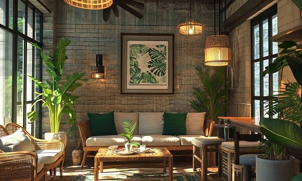 Cozy living room with tropical decor, featuring plants and natural light, creating a serene atmosphere