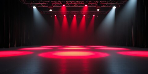 Empty stage with dramatic red and white spotlights shining onto a reflective floor in a dark venue, ready for a performance, event, or concert setup in a modern theater space
