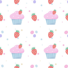 seamless pattern with cupcakes and cute strawberry 