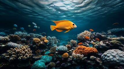 Obraz premium Underwater scene featuring a vibrant orange fish swimming among colorful coral reefs