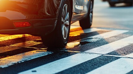 A stunning image of car accident near a pedestrian crosswalk, with a vehicle hitting the curb, leaving ample blank space for local government road safety campaigns or personal.