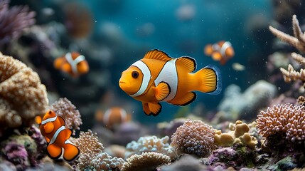 Fototapeta premium Vibrant clownfish swim among coral in a colorful underwater scene