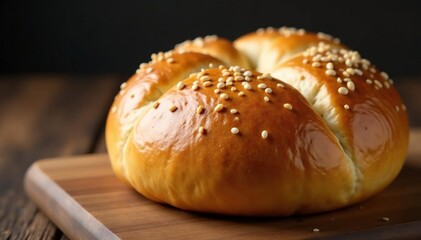 Golden brown crusty artisan bun, sesame seeds , closeup, crust, homemade