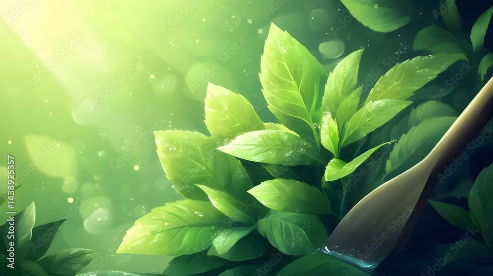 Poster 明るい緑色の葉と水滴のクローズアップ背景 光とボケ効果のある庭の植物の自然な風景