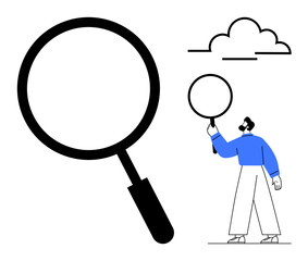 Male figure holding magnifying glass, large magnifier in foreground, minimal cloud outline. Ideal for research, data analysis, discovery, inspection, exploration, innovation simple landing page