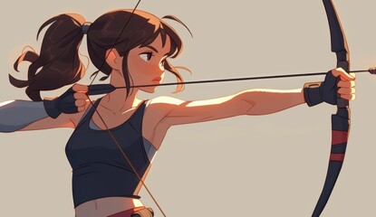 Dynamic Full-Body Portrait of a Beautiful Female Archer in Action, Showcasing Precision, Skill, and Strength with a Bow and Arrow