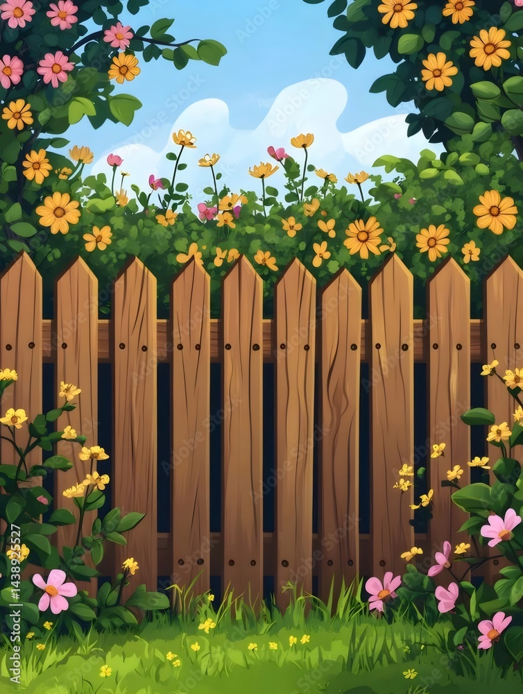Poster 木製フェンスに囲まれた庭の夏の風景 黄色とピンクの花咲き乱れる草の緑の背景